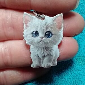 Cute white kitten cat blue eyes pink ears wire dangle earrings